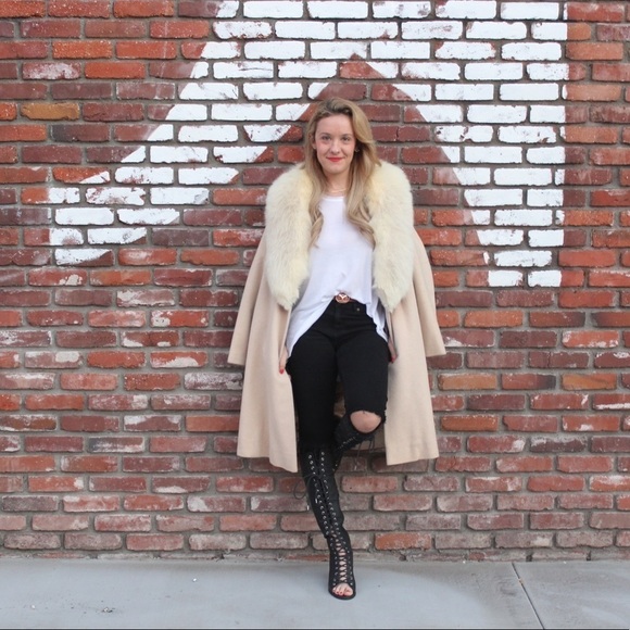 Vintage S/M full length fur coat wool fox collar camel blonde jacket winter real - Picture 6 of 13